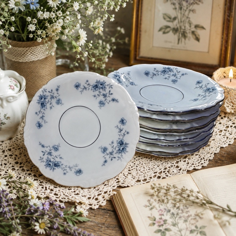 Johann Haviland Blue Garland Bavaria Germany Saucers Set of 8 Platinum Trim 6in